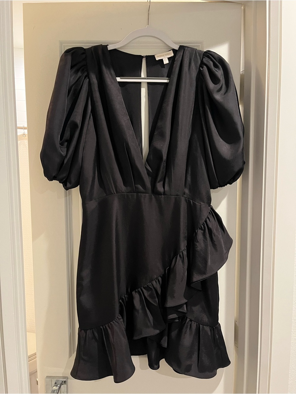 Ronny Kobo Collection Black Satin Puff-Sleeve Mini Dress